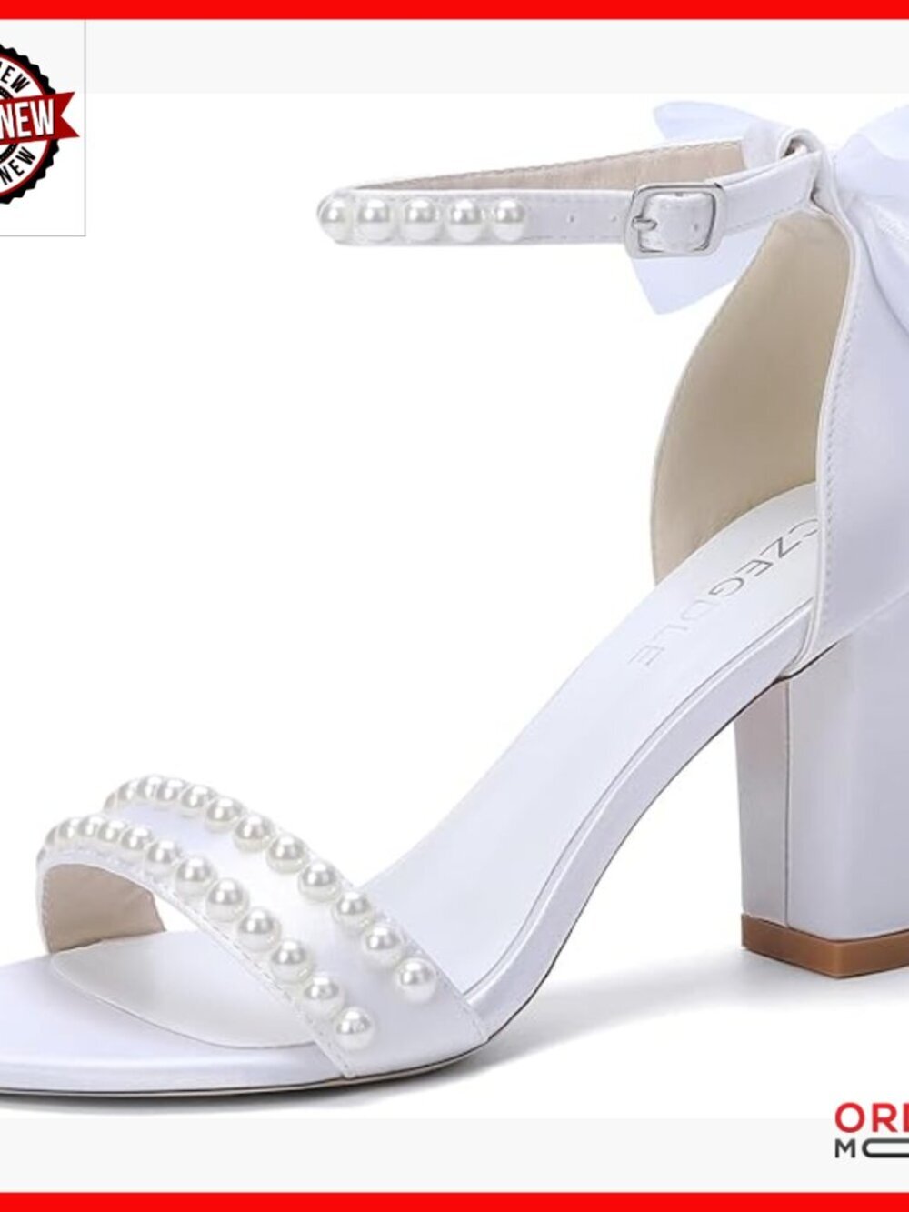 Satin Block Heel Sandals Pearl Embellishments Ribbon Bow Bridal Wedding